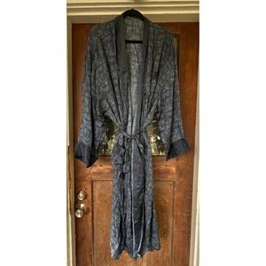 Murano Sleepwear Mens 100% Silk Robe Blue Paisley Long Kimono Loungewear L XL
